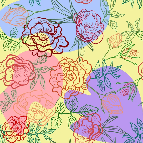 描かれたバラと抽象的な形状を持つ斑点の背景の花パターン — ストックベクタ