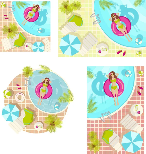 Yüzme havuzunda, kare, dikdörtgen ve daire şeklinde bir kızla bir dizi tropik çizim.