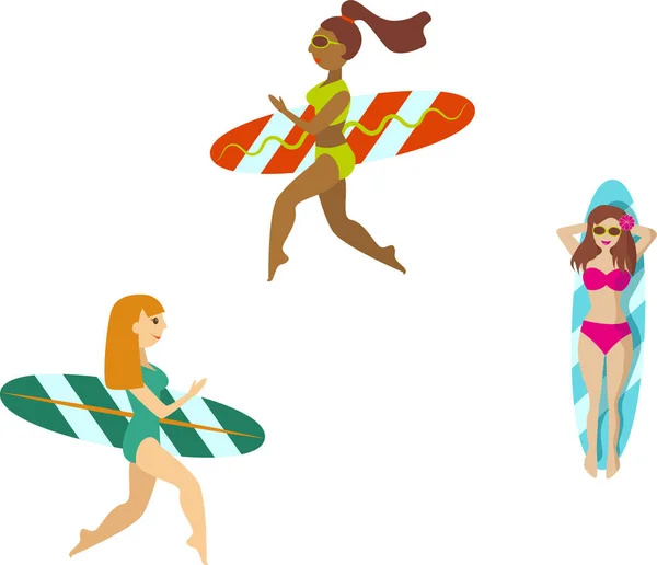 Set Icons White Black Young Women Doing Surfing Beach Summer — Stock Vector