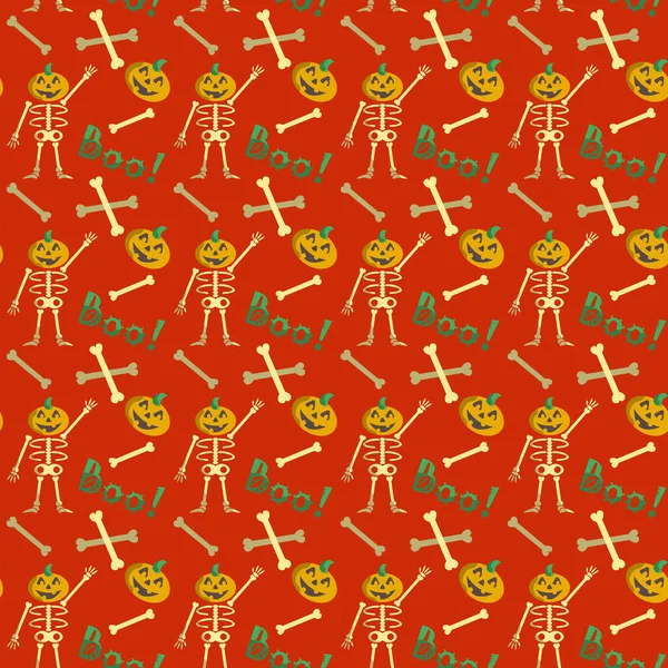 无缝图案可爱的万圣节骷髅南瓜头和红色背景的竹形字体 — 图库矢量图片