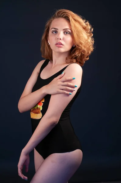 Beautiful Seductive Young Red Hair Woman Wearing Bodysuit Studio Dark — Stock Photo, Image