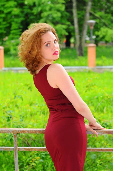Fashion Outdoor Photo Beautiful Woman Curly Hair Luxurious Red Dress — Stock Photo, Image