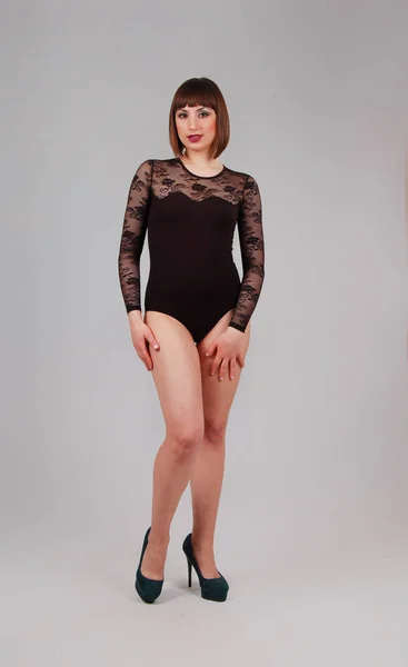 Pretty Leggy Natural Woman Black Bodysuit Studio Isolated Background — Stok fotoğraf