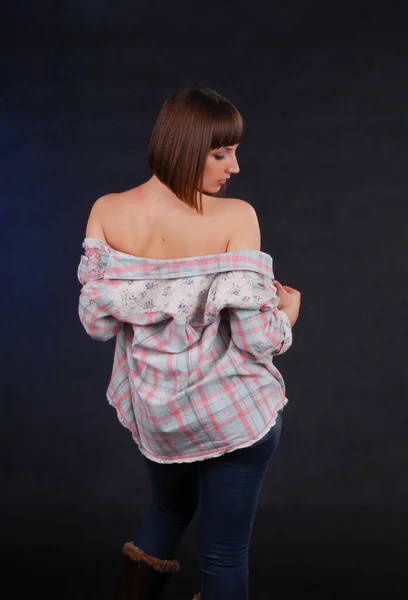 Back View Young Woman Plaid Shirt Studio Shot — Stock Photo, Image