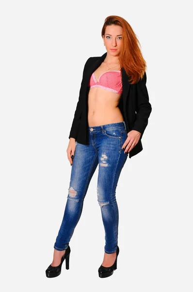 Gorgeous Woman Strips Girl Wearing Blue Jeans Stylish Bra — Stock Photo, Image