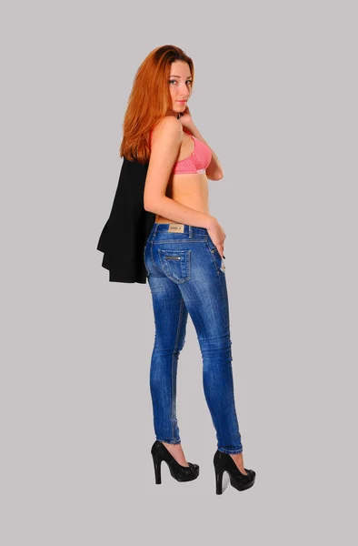 Lindo Tiras Mulher Menina Vestindo Jeans Azuis Sutiã Elegante — Fotografia de Stock