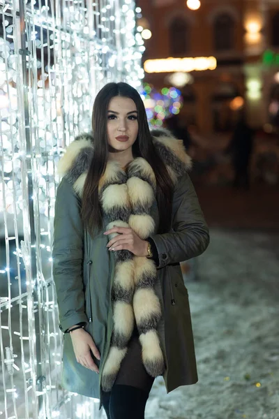 Art Portrait Beautiful Girl Gorgeous Brunette Woman Portrait Night City — Stock Photo, Image