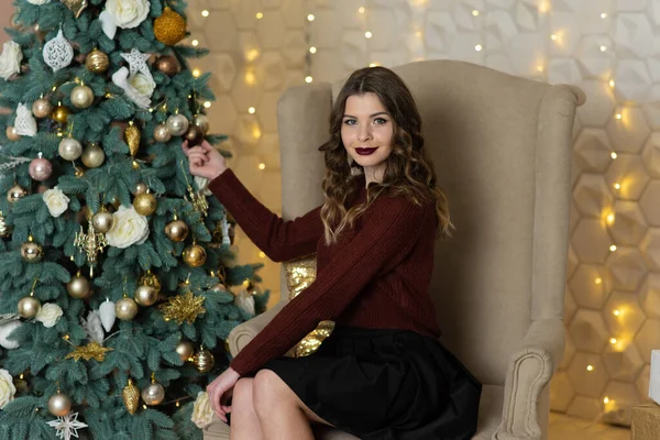 Cute Young Girl Sitting New Years Tree Happy Girl Celebrates — Stock Photo, Image