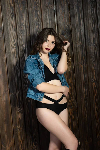 Studio Fashion Shot Beautiful Sexy Young Girl Jeans Jacket Black — Stok Foto