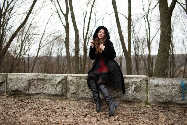 Jovem Mulher Vestido Vermelho Casaco Pele Preta Posando Fundo Natureza — Fotografia de Stock