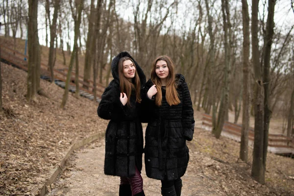 Duas Raparigas Posar Juntas Retrato Moda Duas Irmãs Divertindo Inverno — Fotografia de Stock