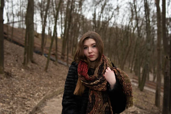 Soğuk Kış Havasında Parkta Genç Güzel Bir Kadının Açık Hava — Stok fotoğraf