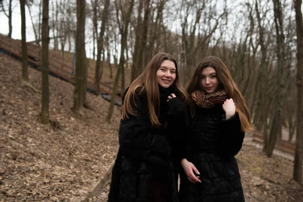 Genç Kız Birlikte Poz Veriyor Kız Kardeşin Moda Portresi Kürk — Stok fotoğraf