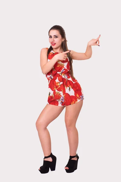 Mujer Joven Seductora Vestido Rojo Corto Captura Estudio —  Fotos de Stock