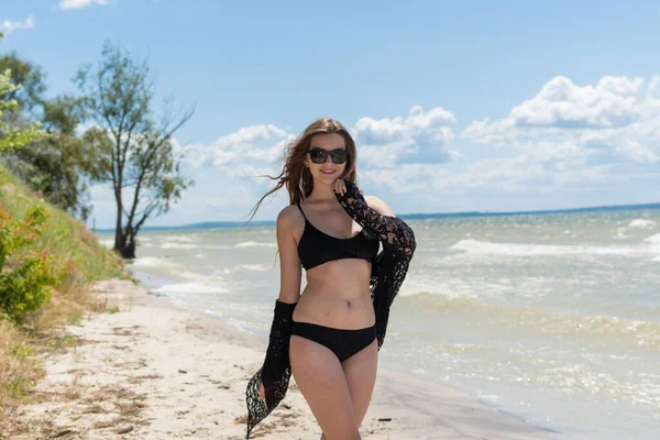 Beautiful Sensual Girl Black Swimsuit Tunic Posing Sea Young Woman Stock Image