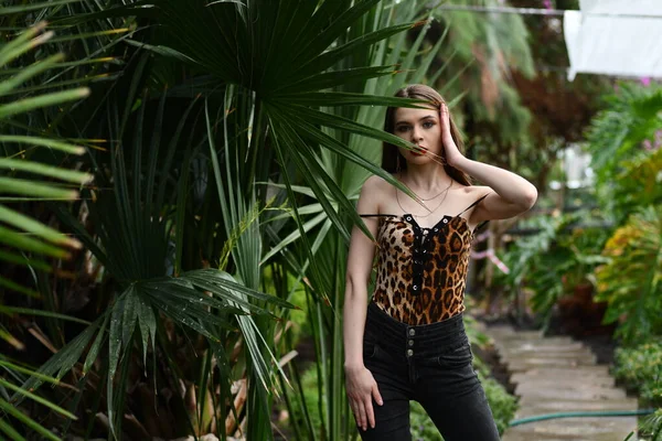 Menina Muito Elegante Vestido Leopardo Jardim Exótico — Fotografia de Stock