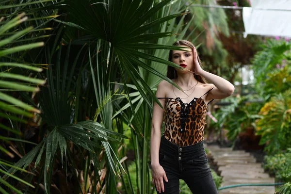 Menina Muito Elegante Vestido Leopardo Jardim Exótico — Fotografia de Stock