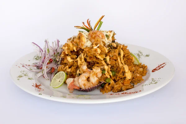 Prato Peru: Arroz com frutos do mar (Arroz con Mariscos ). — Fotografia de Stock