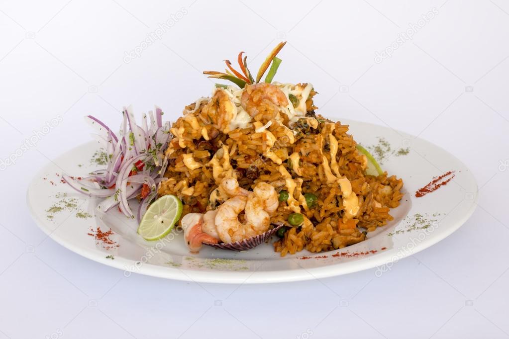 Peru Dish: Rice with Seafood (Arroz con Mariscos).