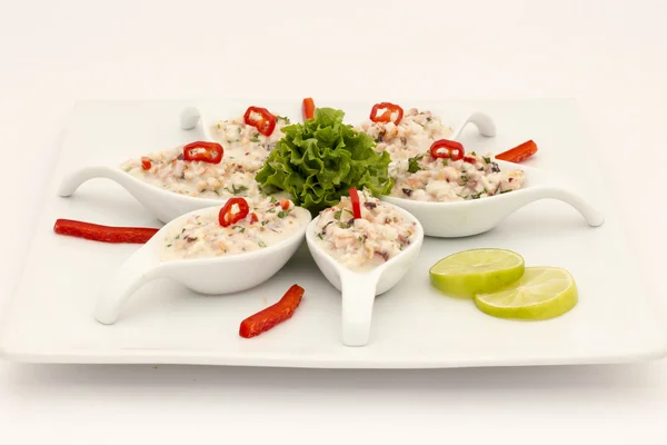Frutos do mar prato peruano: "Pichanga de Mariscos". Estilo Ceviche com creme branco — Fotografia de Stock