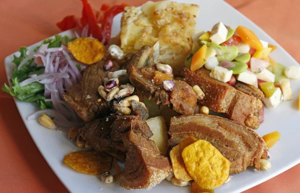 Peruvian food, fried pork (Chicharron) with potatoes, onion garnish, fried corn (canchita). — Stock Image Peruvian food, fried pork (Chicharron) with potatoes, onion garnish, fried corn (canchita). Royalty Free Stock Photos