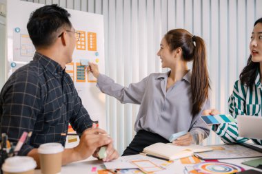 Mobil uygulama düzeni ve kullanıcı akışını iyileştirmek için UX / UI planlama toplantısı düzenleyen tasarımcılar. İşlevsel ve görsel arayüz çözümleri yaratmak için yakın işbirliği yaparlar..