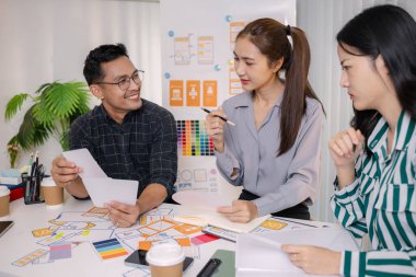 Mobil uygulama düzeni ve kullanıcı akışını iyileştirmek için UX / UI planlama toplantısı düzenleyen tasarımcılar. İşlevsel ve görsel arayüz çözümleri yaratmak için yakın işbirliği yaparlar..