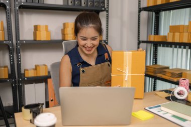 Genç bayan girişimci elinde bir paket tutarken gülümsüyor ve evinde dizüstü bilgisayar kullanıyor. Bir internet mağazası işletiyor, teslimatları hazırlıyor ve müşterilerle e-ticaret için iletişim kuruyor..