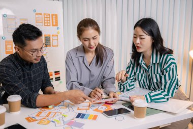 Mobil uygulama düzeni ve kullanıcı akışını iyileştirmek için UX / UI planlama toplantısı düzenleyen tasarımcılar. İşlevsel ve görsel arayüz çözümleri yaratmak için yakın işbirliği yaparlar..