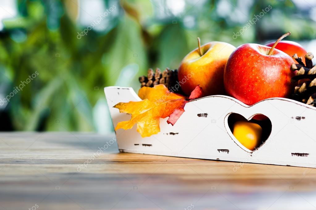 Autumn decoration on wooden table