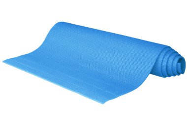 Açık mavi yoga minderi beyaz arkaplanda izole edildi.