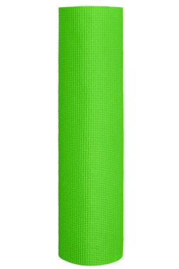 Beyaz arkaplanda dikey izole edilmiş açık yeşil yoga minderi.