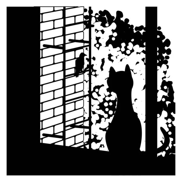 Silhouet Kat Het Raam — Stockvector