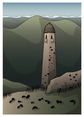 Dağlarda eski bir kule. Vektör illüstrasyonu