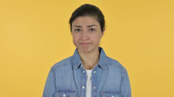 Young Indian Woman Shaking Head as No Sign, Yellow Background — Stock Video