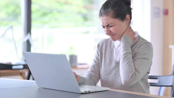 Tired Young Indian Woman with Laptop having Neck Pain — Stock Photo, Image