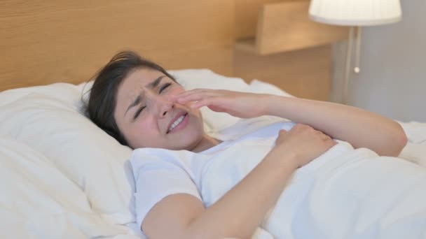 Young Indian Woman Crying While Sleeping in Bed — Stock Video