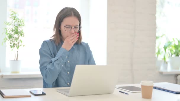 Young Woman with Laptop having Coughing — Stock Video