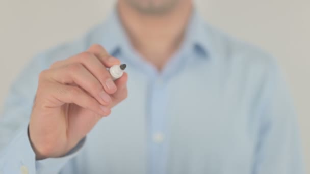 Patrocinadores Bienvenido, Hombre Escribiendo en Pantalla Transparente — Vídeos de Stock