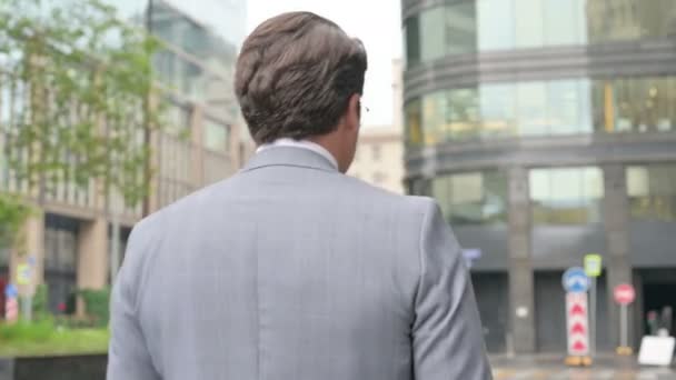 Indietro Veduta dell'uomo d'affari di mezza età che cammina verso l'ufficio — Video Stock