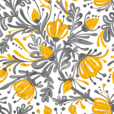 2021 'in trend renklerinde kusursuz desen. Sarı çiçekler, tomurcuklar ve gri yapraklar. Pattren tekstil ve duvar kağıtları için harikadır..