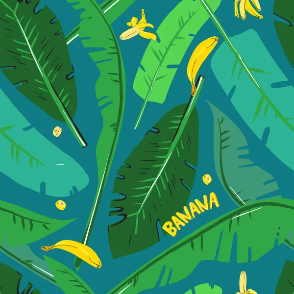 Patrón Sin Costura Vectorial Con Hojas Palma Plátanos Inscripción Banana — Vector de stock