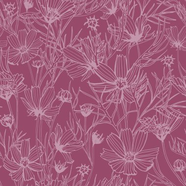 Leylak arka planında kosmeya olan çiçeksiz desen. Çizgi çizimi.