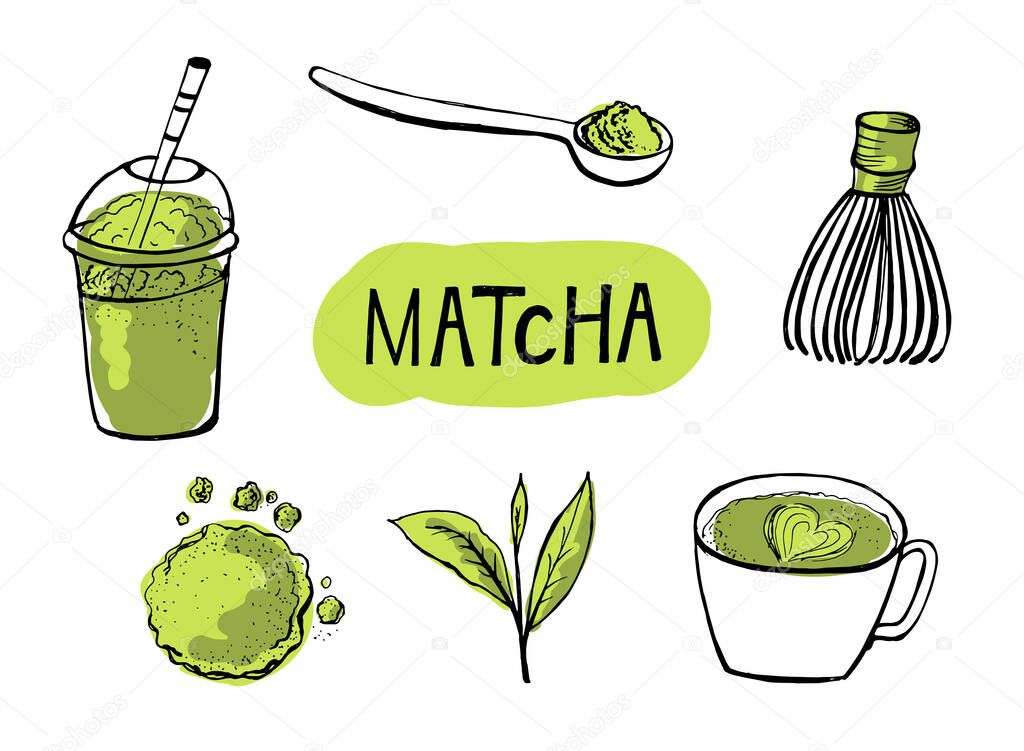 Vector illustration of matcha tea minset. Doodle style.