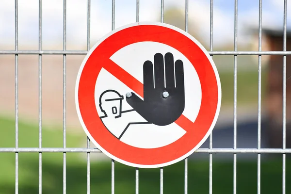 Red Keep Out Warning Sign Person Holding Hand Red Circle — Stock Photo, Image