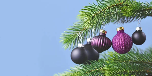 Banner Con Hermosa Bola Árbol Vidrio Púrpura Con Árbol Navidad —  Fotos de Stock