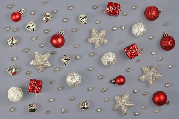 Silver Red Christmas Ornaments Small Gift Boxes Baubles Bells Stars — Stock Photo, Image