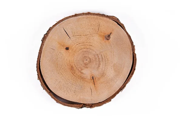 Kabuğu Beyaz Arkaplanda Izole Edilmiş Yuvarlak Ağaç Dilimi — Stok fotoğraf