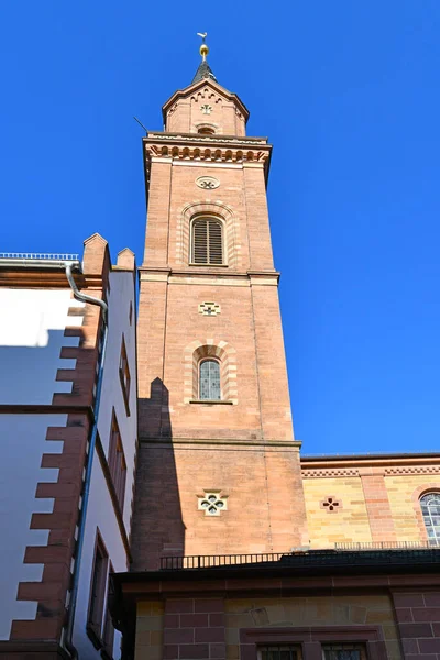 Clock Tower Catholic Laurentius Church Weinheim City Germany Front Blue — Stock Photo, Image