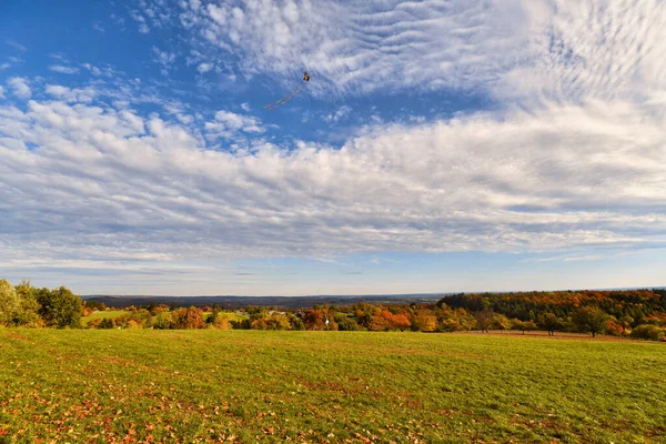 View from lookout point called \'Kraichgaublick\' in state certified climatic health resort called Gaiberg in Odenwald forest in Germany on beautiful sunny autumn day